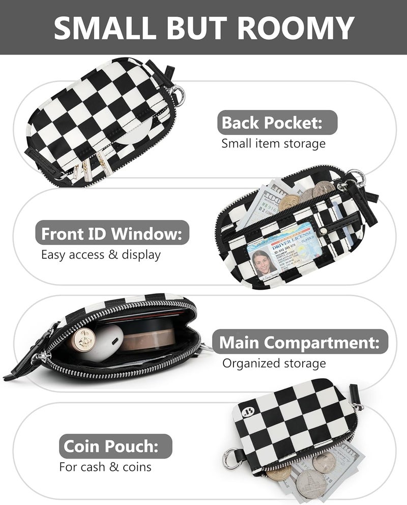 Sunpour Store Nylon Wristlet Checkered Wallets, Dual Pouch Keychain Wristlet Wallet, RFID Small Wallet With Coin Pouch,ID Window For Travel (Black+White) - Image 3